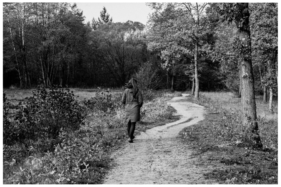 Person in langem Mantel auf kurvenreichem Pfad durch bewaldete Landschaft mit Bäumen.