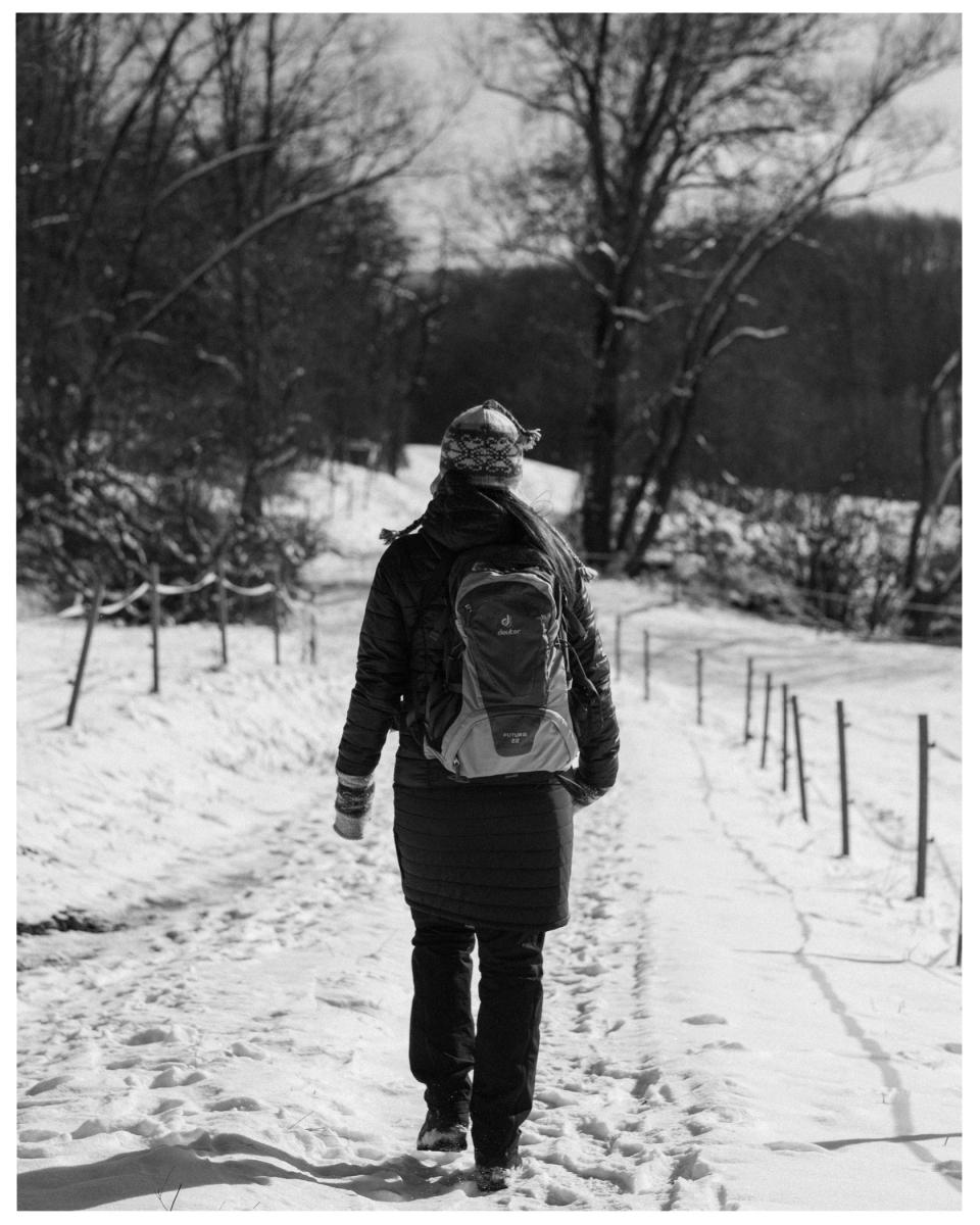 Person wandert mit Rucksack in winterlicher, schneebedeckter Landschaft und Bäumen im Hintergrund.