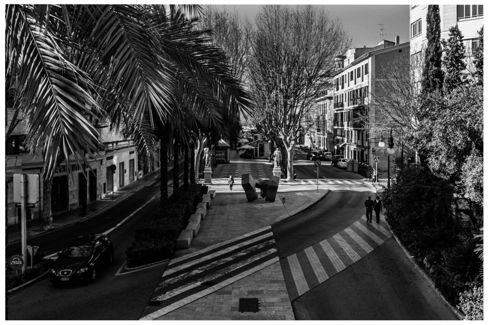 Schwarz-Weiß-Stadtbild mit Palmen, Gebäuden, Passanten, Autos, Skulpturen und kahlen Bäumen.