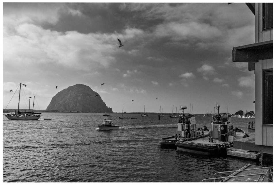 Hafen mit Booten, großem Felsen, Vögeln am Himmel, Kutterbooten am Dock, bewölkter Himmel.