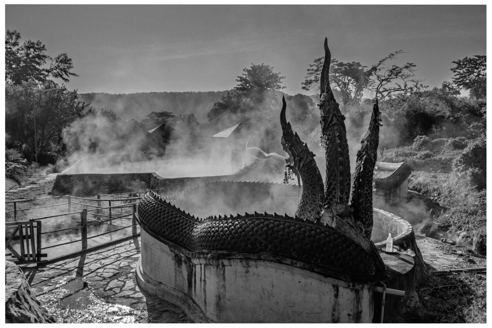 Dampfende Landschaft mit skulpturaler Struktur aus drachenartigen Köpfen, Vegetation im Hintergrund.