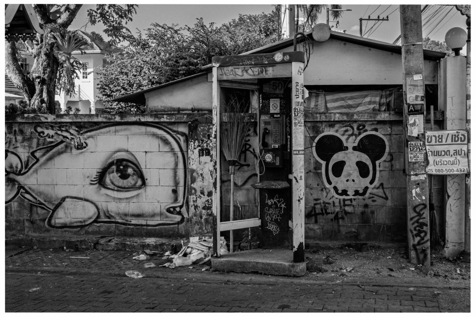 Alte Telefonzelle vor Graffiti-Wand mit Fisch- und Pandaabbildung, Straßenansicht, schwarz-weiß.